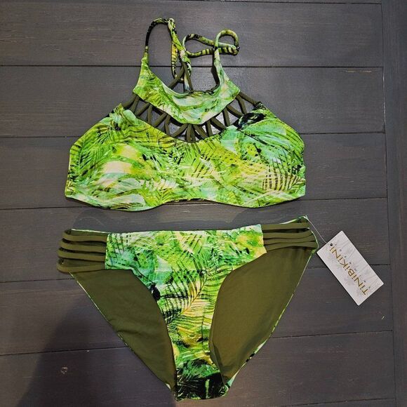 TiniBikini Women's Tropical Green Reversible high neck Bikini Set Size Medium - Picture 8 of 9